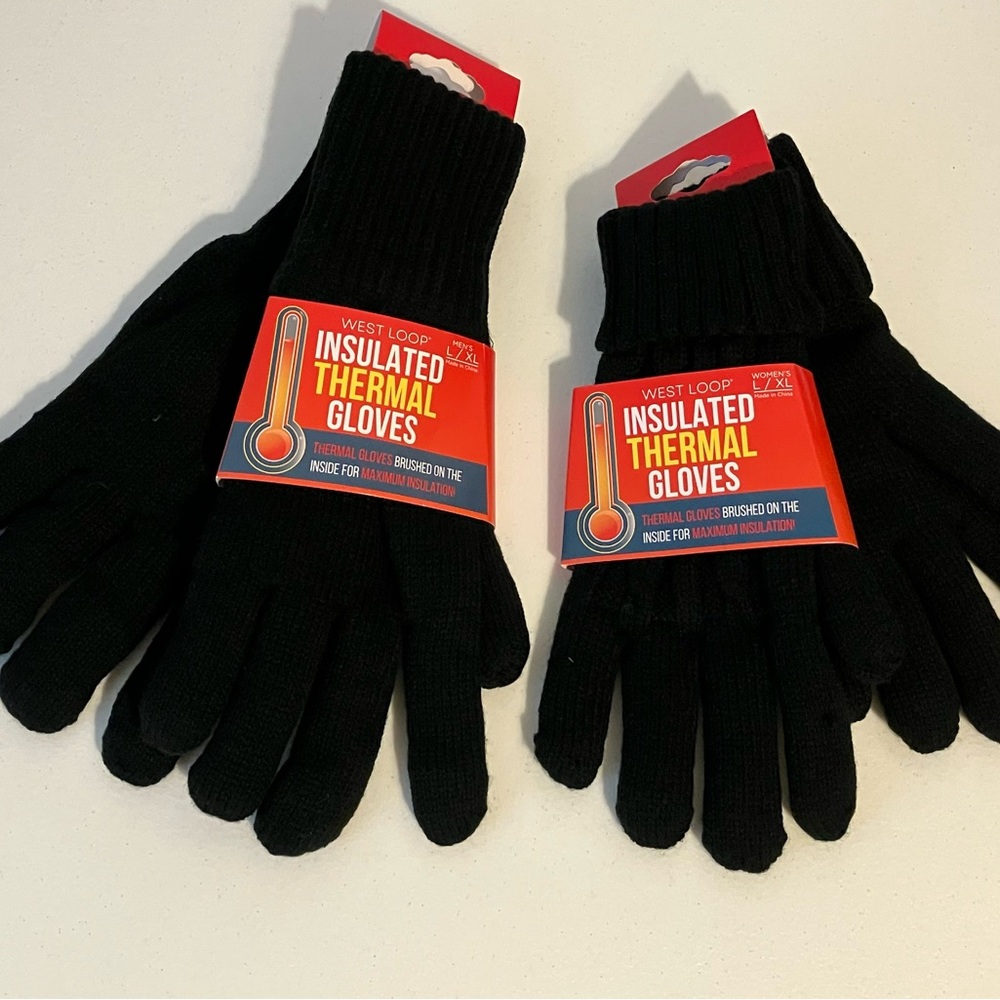 West Loop Black Thermal Insulated Gloves, 2 pairs Man L/XL and Woman L/XL